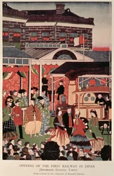 Otevření první železnice v Japonsku (Shimbashi Station, Tokio), 19. století (tisk)